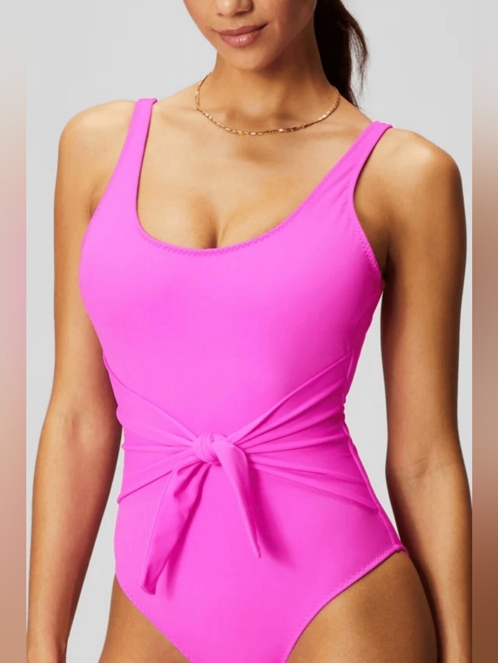 Fabletics Pink Tie Waist One Piece Swimsuit Scoop Neck Open Back Size S